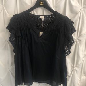 A New Day Women's XXL Eyelet Lace Black Flutter Sleeve Keyhole Neck Blouse NWT